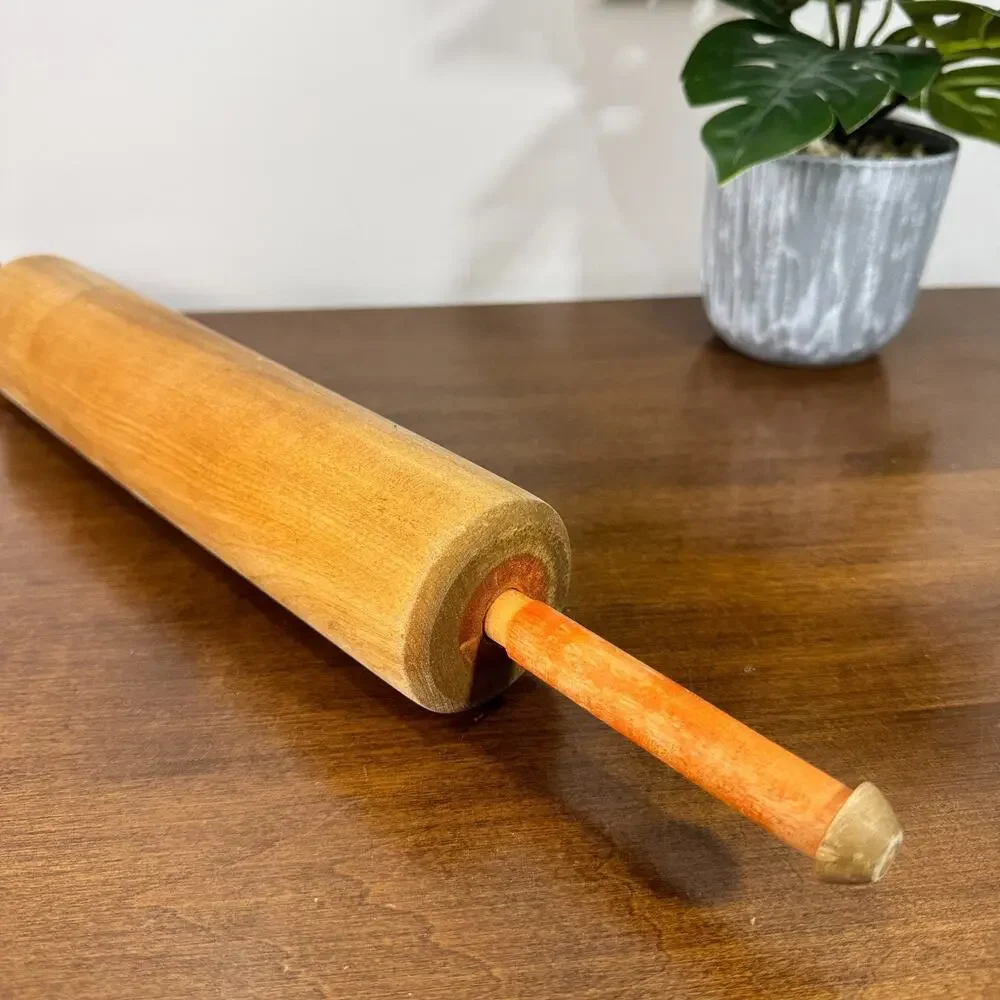 Vintage Wooden Rolling Pin Primitive Farmhouse Wood with Red Handles 17